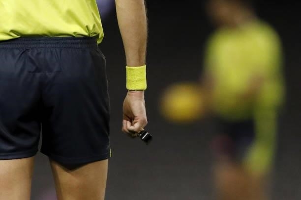 An umpires whistle is seen during the 2021 AFL Round 23 match between the Sydney Swans and the Gold Coast Suns at Marvel Stadium on August 21, 2021...