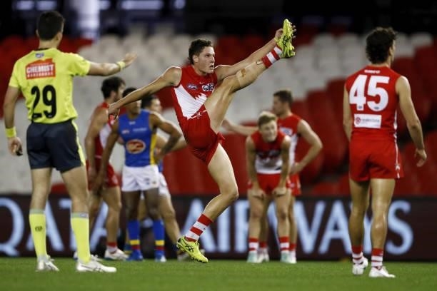 Hayden McLean of the Swans kicks a goal during the 2021 AFL Round 23 match between the Sydney Swans and the Gold Coast Suns at Marvel Stadium on...