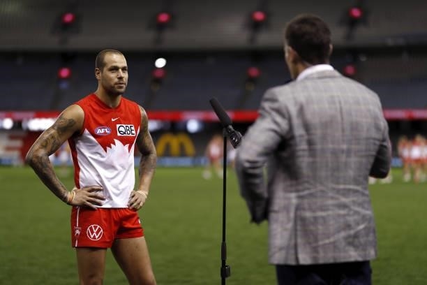 Lance Franklin of the Swans is interviewed during the 2021 AFL Round 23 match between the Sydney Swans and the Gold Coast Suns at Marvel Stadium on...