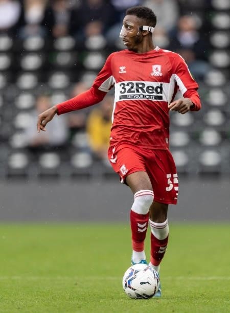 Middlesbrough's Isaiah Jones looks on during the Sky Bet Championship match between Derby County and Middlesbrough at Pride Park Stadium on August...