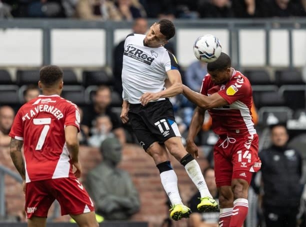 Middlesbrough's Lee Peltier competing with Derby County's Ravel Morrison during the Sky Bet Championship match between Derby County and Middlesbrough...