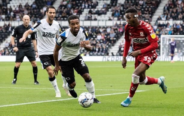 Middlesbrough's Isaiah Jones breaks under pressure from Derby County's Nathan Byrne during the Sky Bet Championship match between Derby County and...