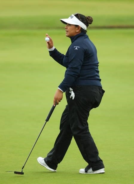 Lizette Salas of United States waves as she finishes her round at the 18th hole during Day Three of the AIG Women's Open at Carnoustie Golf Links on...