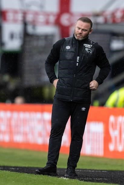 Derby County's manager Wayne Rooney looks on during the Sky Bet Championship match between Derby County and Middlesbrough at Pride Park Stadium on...