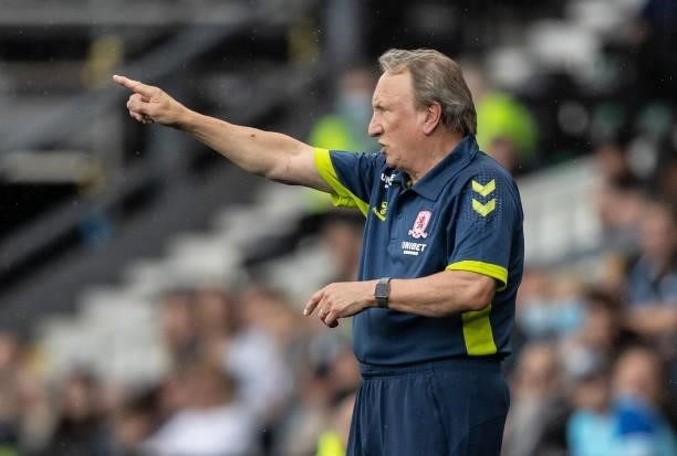 Middlesbrough's manager Neil Warnock gestures during the Sky Bet Championship match between Derby County and Middlesbrough at Pride Park Stadium on...