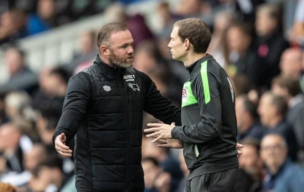 Derby County's manager Wayne Rooney remonstrates with the officials during the Sky Bet Championship match between Derby County and Middlesbrough at...