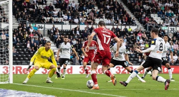 Middlesbrough's Paddy McNair attacking goal during the Sky Bet Championship match between Derby County and Middlesbrough at Pride Park Stadium on...