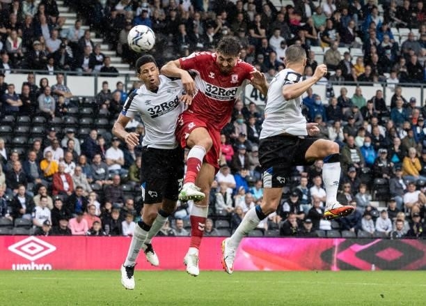 Middlesbrough's Matt Crooks heads at goal during the Sky Bet Championship match between Derby County and Middlesbrough at Pride Park Stadium on...
