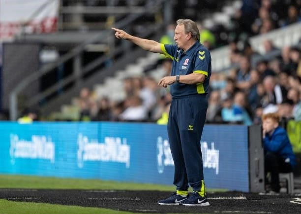 Middlesbrough's manager Neil Warnock gestures during the Sky Bet Championship match between Derby County and Middlesbrough at Pride Park Stadium on...