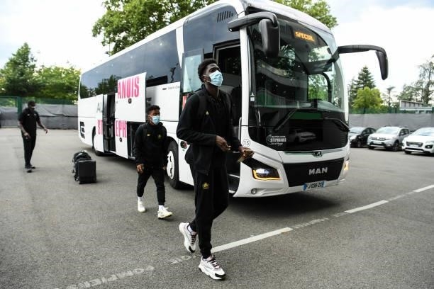 Amadou ONANA of Lille arrives at the stadium prior to the French Ligue 1 Uber Eats soccer match between Saint Etienne and Lille at Stade...