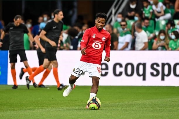 Angel GOMES of Lille warms up prior to the French Ligue 1 Uber Eats soccer match between Saint Etienne and Lille at Stade Geoffroy-Guichard on August...