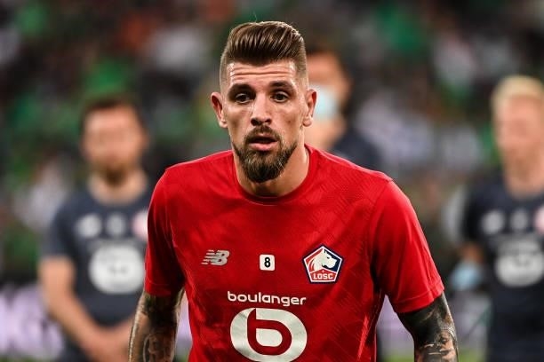 Of Lille warms up prior to the French Ligue 1 Uber Eats soccer match between Saint Etienne and Lille at Stade Geoffroy-Guichard on August 21, 2021 in...