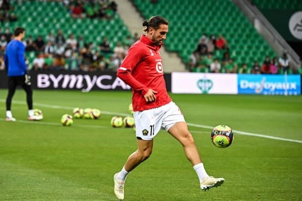 Yusuf YAZICI of Lille warms up prior to the French Ligue 1 Uber Eats soccer match between Saint Etienne and Lille at Stade Geoffroy-Guichard on...