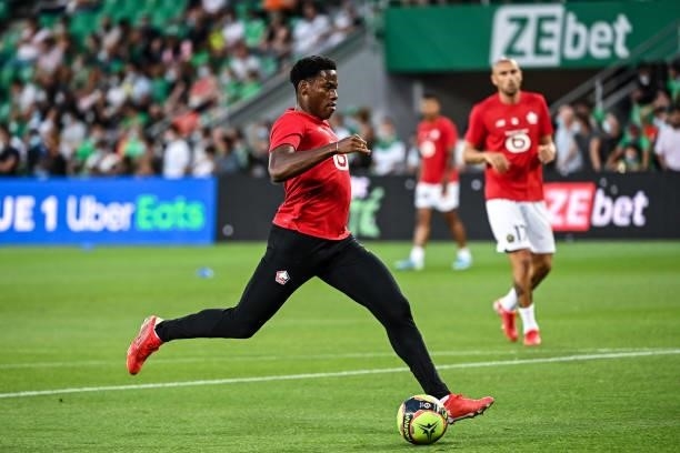 Jonathan DAVID of Lille warms up prior to the French Ligue 1 Uber Eats soccer match between Saint Etienne and Lille at Stade Geoffroy-Guichard on...