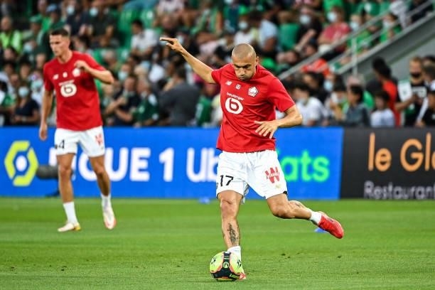 Burak YILMAZ of Lille warms up prior to the French Ligue 1 Uber Eats soccer match between Saint Etienne and Lille at Stade Geoffroy-Guichard on...