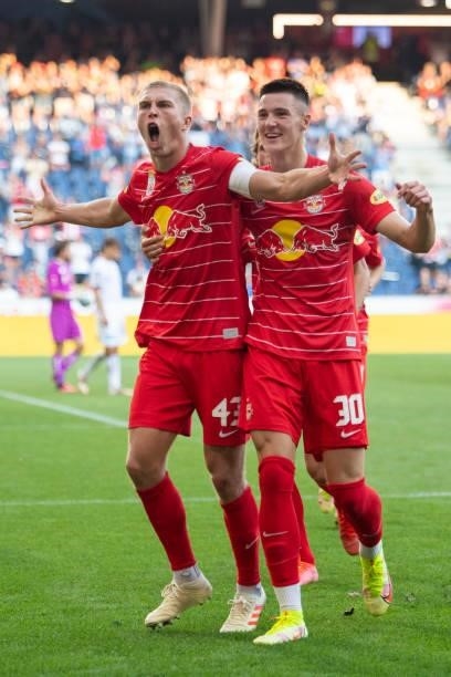 Rasmus Kristensen and Benjamin Sesko of FC Red Bull Salzburg celebrate after Kristensen scored the goal for 3:1 during the Admiral Bundesliga match...