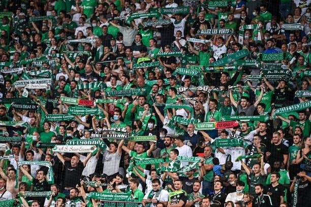 Fand of Saint Etienne during the French Ligue 1 Uber Eats soccer match between Saint Etienne and Lille at Stade Geoffroy-Guichard on August 21, 2021...