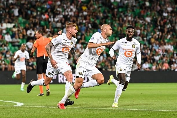 Burak YILMAZ of Lille celebrates his goal during the French Ligue 1 Uber Eats soccer match between Saint Etienne and Lille at Stade Geoffroy-Guichard...