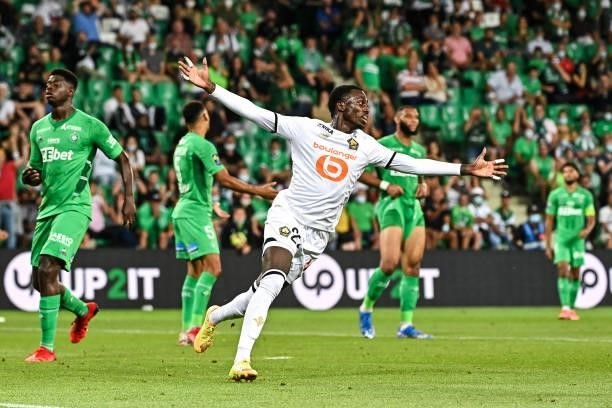 Timothy WEAH of Lille celebrates during the French Ligue 1 Uber Eats soccer match between Saint Etienne and Lille at Stade Geoffroy-Guichard on...