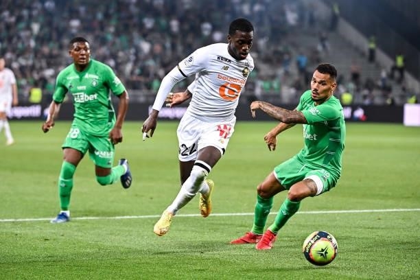 Timothy WEAH of Lille and Timothee KOLODZIEJCZAK of Saint Etienne during the French Ligue 1 Uber Eats soccer match between Saint Etienne and Lille at...