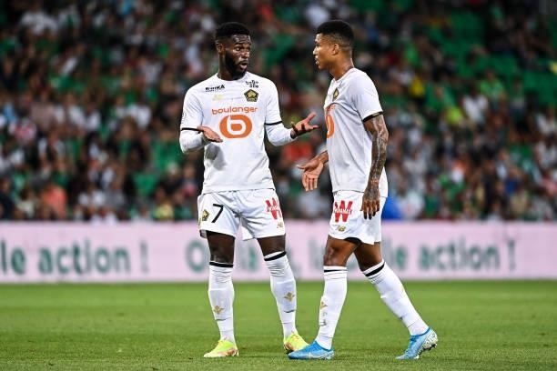 Jonathan BAMBA of Lille and REINILDO of Lille during the French Ligue 1 Uber Eats soccer match between Saint Etienne and Lille at Stade...
