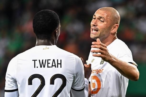 Timothy WEAH of Lille and Burak YILMAZ of Lille during the French Ligue 1 Uber Eats soccer match between Saint Etienne and Lille at Stade...