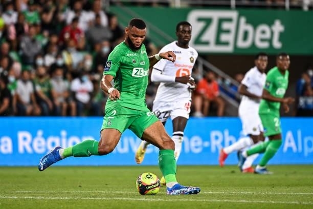 Harold MOUKOUDI of Saint Etienne during the French Ligue 1 Uber Eats soccer match between Saint Etienne and Lille at Stade Geoffroy-Guichard on...
