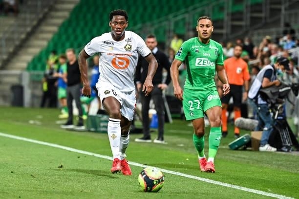 Jonathan DAVID of Lille and Yvann MACON of Saint Etienne during the French Ligue 1 Uber Eats soccer match between Saint Etienne and Lille at Stade...