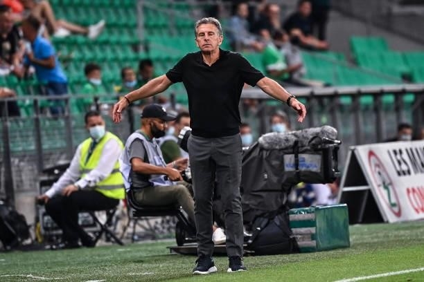Claude PUEL head coach of Saint Etienne appears dejected during the French Ligue 1 Uber Eats soccer match between Saint Etienne and Lille at Stade...