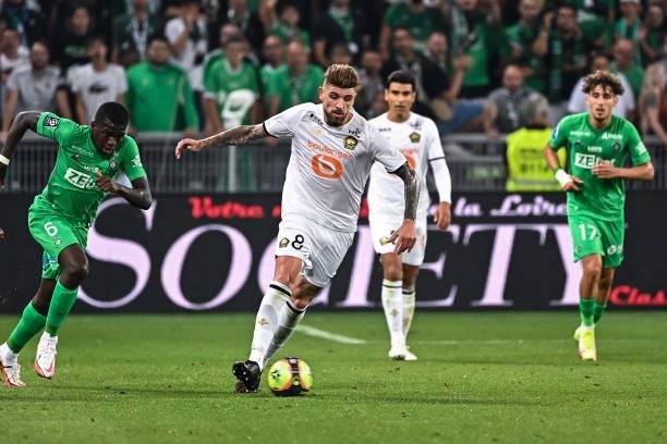Lucas GOURNA of Saint Etienne and XEKA of Lille during the French Ligue 1 Uber Eats soccer match between Saint Etienne and Lille at Stade...