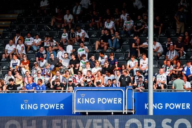 Fans of OH Leuven ahead of the Jupiler Pro League match between OH Leuven and KAS Eupen at the King Power at den dreef Stadion on August 21, 2021 in...