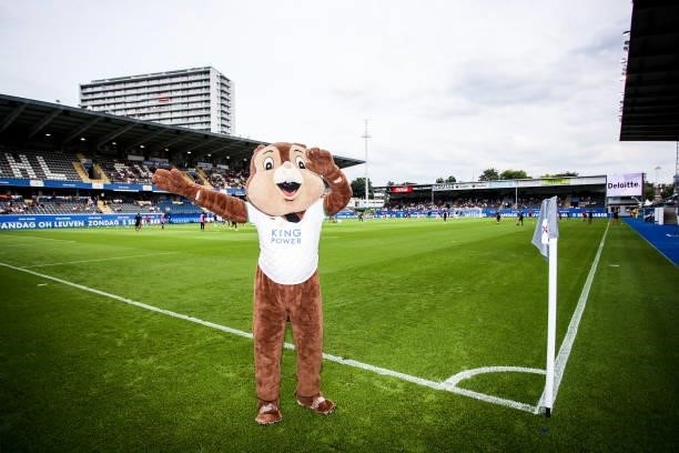 Mascot Lionel ahead of the Jupiler Pro League match between OH Leuven and KAS Eupen at the King Power at den dreef Stadion on August 21, 2021 in...