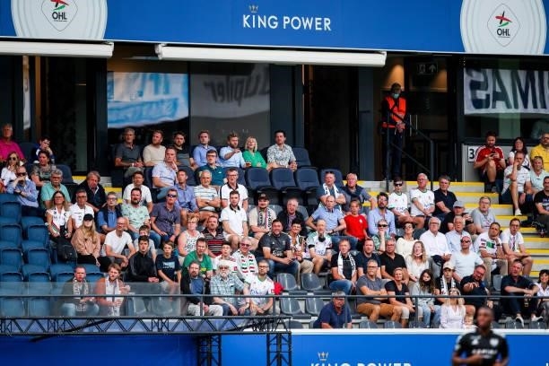 Fans of OH Leuven during the Jupiler Pro League match between OH Leuven and KAS Eupen at the King Power at den dreef Stadion on August 21, 2021 in...