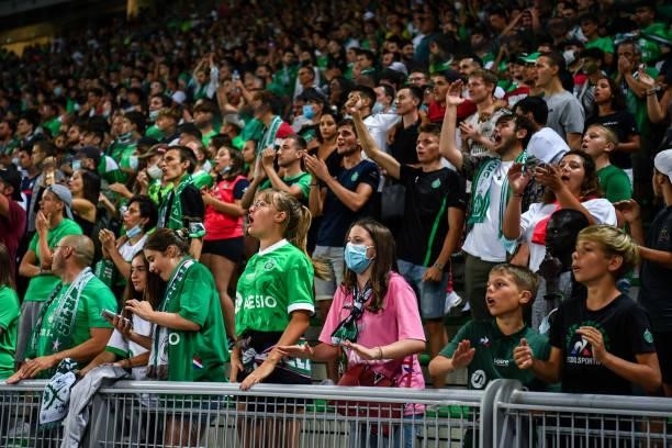 Fans of Saint Etienne during the French Ligue 1 Uber Eats soccer match between Saint Etienne and Lille at Stade Geoffroy-Guichard on August 21, 2021...
