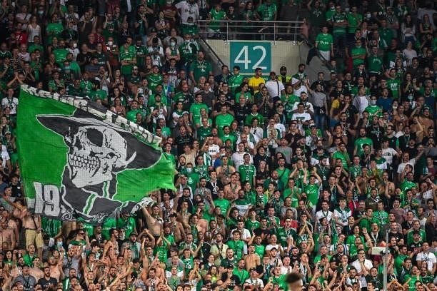 Fans of Saint Etienne during the French Ligue 1 Uber Eats soccer match between Saint Etienne and Lille at Stade Geoffroy-Guichard on August 21, 2021...