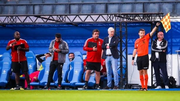 Assistant manager Joachim Mununga of OH Leuven, Assistant manager Issame Charaï of OH Leuven, Goalkeeper coach Bram Verbist of OH Leuven and Manager...