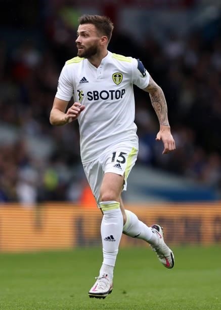 Stuart Dallas of Leeds United during the Premier League match between Leeds United and Everton at Elland Road on August 21, 2021 in Leeds, England.