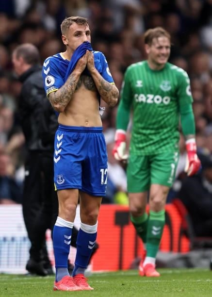 Lucas Digne of Everton reacts during the Premier League match between Leeds United and Everton at Elland Road on August 21, 2021 in Leeds, England.
