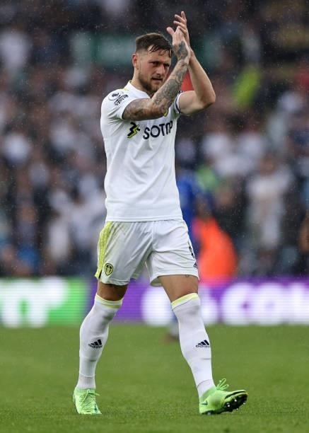 Liam Cooper of Leeds United during the Premier League match between Leeds United and Everton at Elland Road on August 21, 2021 in Leeds, England.