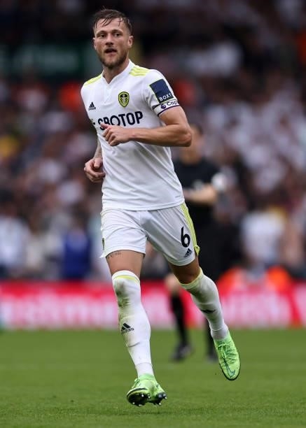 Liam Cooper of Leeds United during the Premier League match between Leeds United and Everton at Elland Road on August 21, 2021 in Leeds, England.