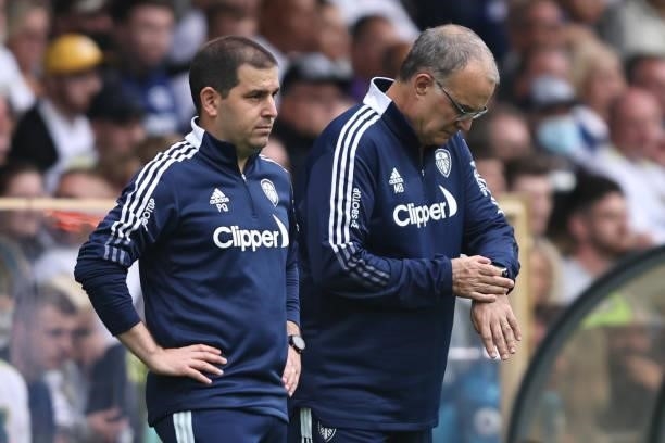 Leeds manager Marcelo Bielsa with assistant Pablo Quiroga during the Premier League match between Leeds United and Everton at Elland Road on August...