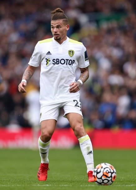 Kalvin Phillips of Leeds United during the Premier League match between Leeds United and Everton at Elland Road on August 21, 2021 in Leeds, England.