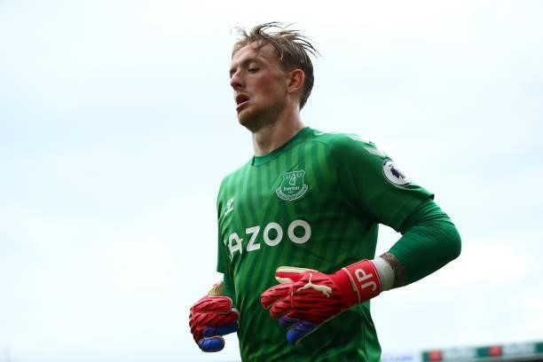 Jordan Pickford of Everton during the Premier League match between Leeds United and Everton at Elland Road on August 21, 2021 in Leeds, England.
