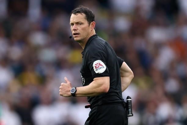 Referee: Darren England during the Premier League match between Leeds United and Everton at Elland Road on August 21, 2021 in Leeds, England.