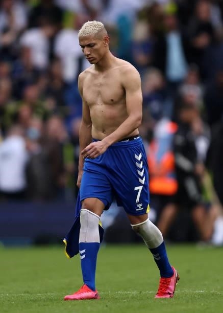 Bare chested Richarlison of Everton walks off after the Premier League match between Leeds United and Everton at Elland Road on August 21, 2021 in...