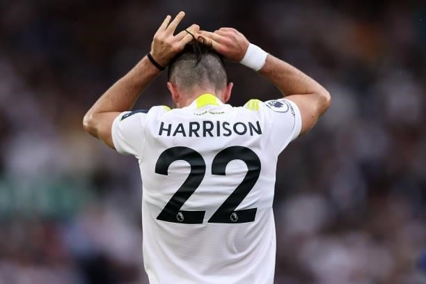 Jack Harrison of Leeds United ties his hair during the Premier League match between Leeds United and Everton at Elland Road on August 21, 2021 in...