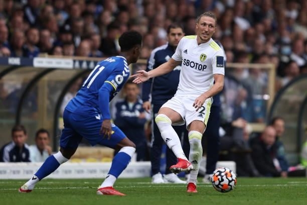 Luke Ayling of Leeds United in action with Demari Gray of Everton during the Premier League match between Leeds United and Everton at Elland Road on...