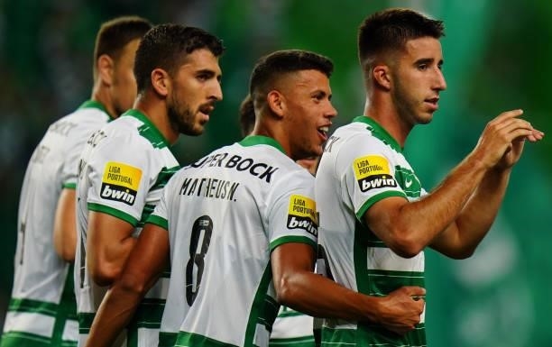 Goncalo Inacio of Sporting CP celebrates with teammates after scoring a goal during the Liga Bwin match between Sporting CP and Belenenses SAD at...