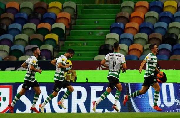 Joao Palhinha of Sporting CP celebrates after scoring a goal during the Liga Bwin match between Sporting CP and Belenenses SAD at Estadio Jose...