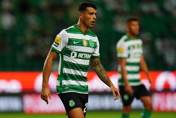 Pedro Porro of Sporting CP during the Liga Bwin match between Sporting CP and Belenenses SAD at Estadio Jose Alvalade on August 21, 2021 in Lisbon,...
